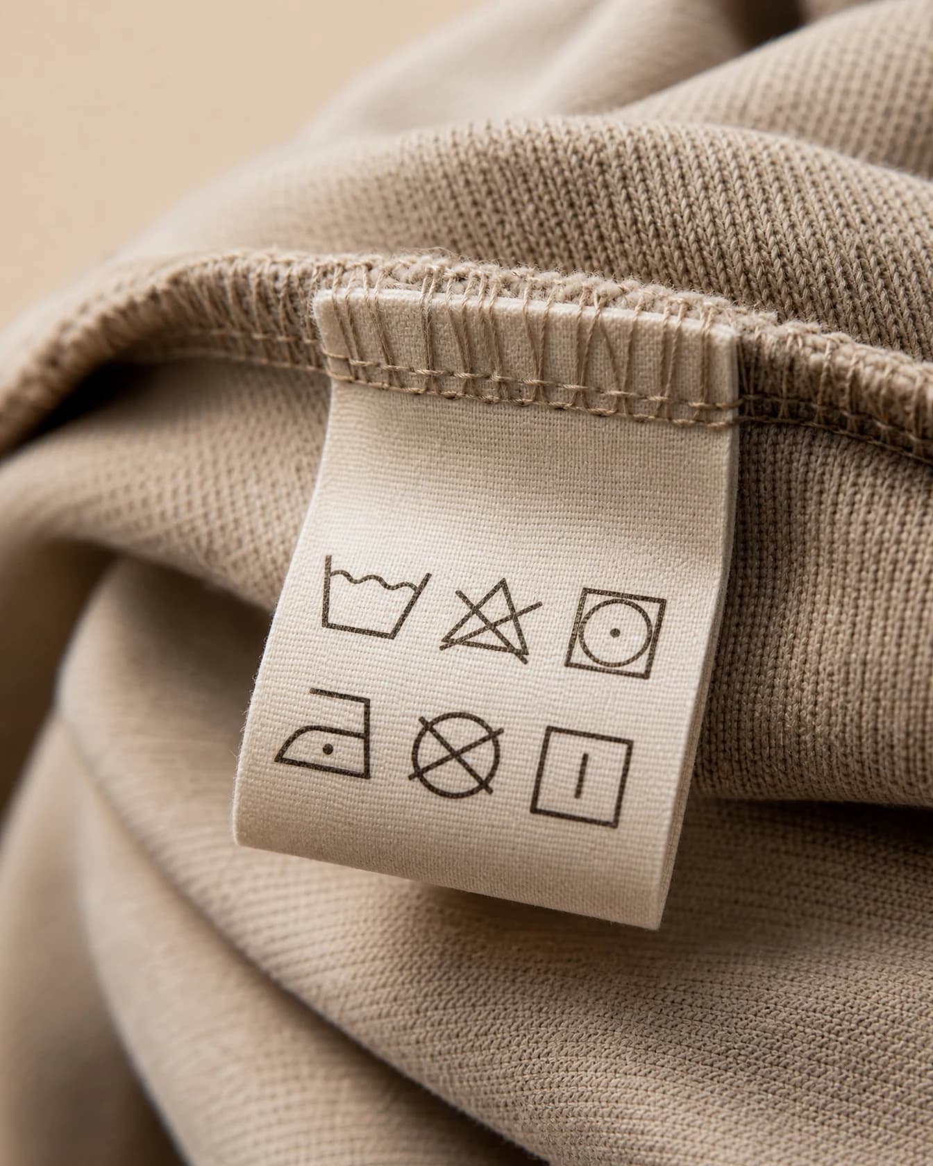 A woven compliance care label sewn into a garment collar seam