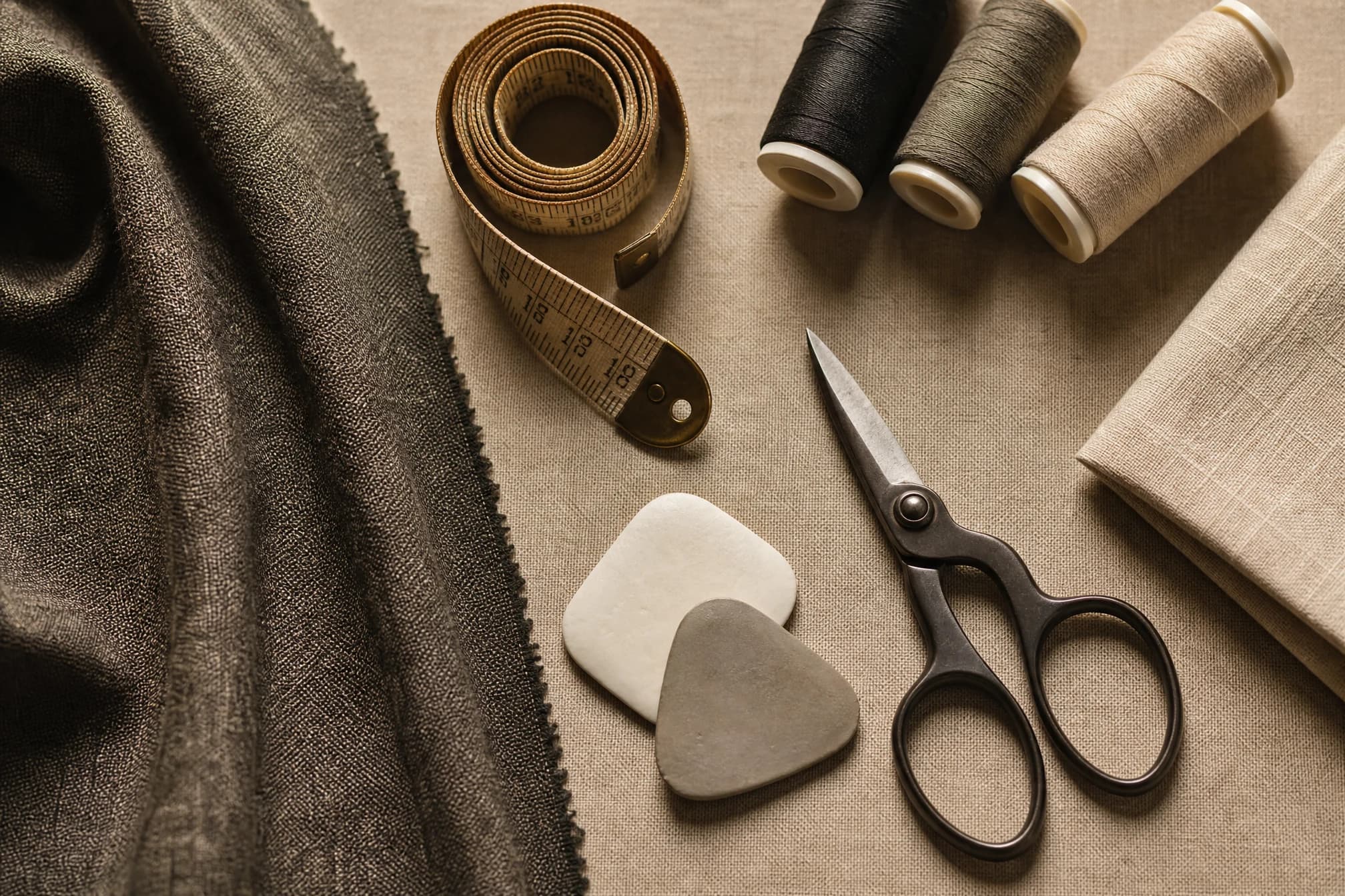 Manufacturing tools laid out: tape measure, fabric swatch, thread and scissors
