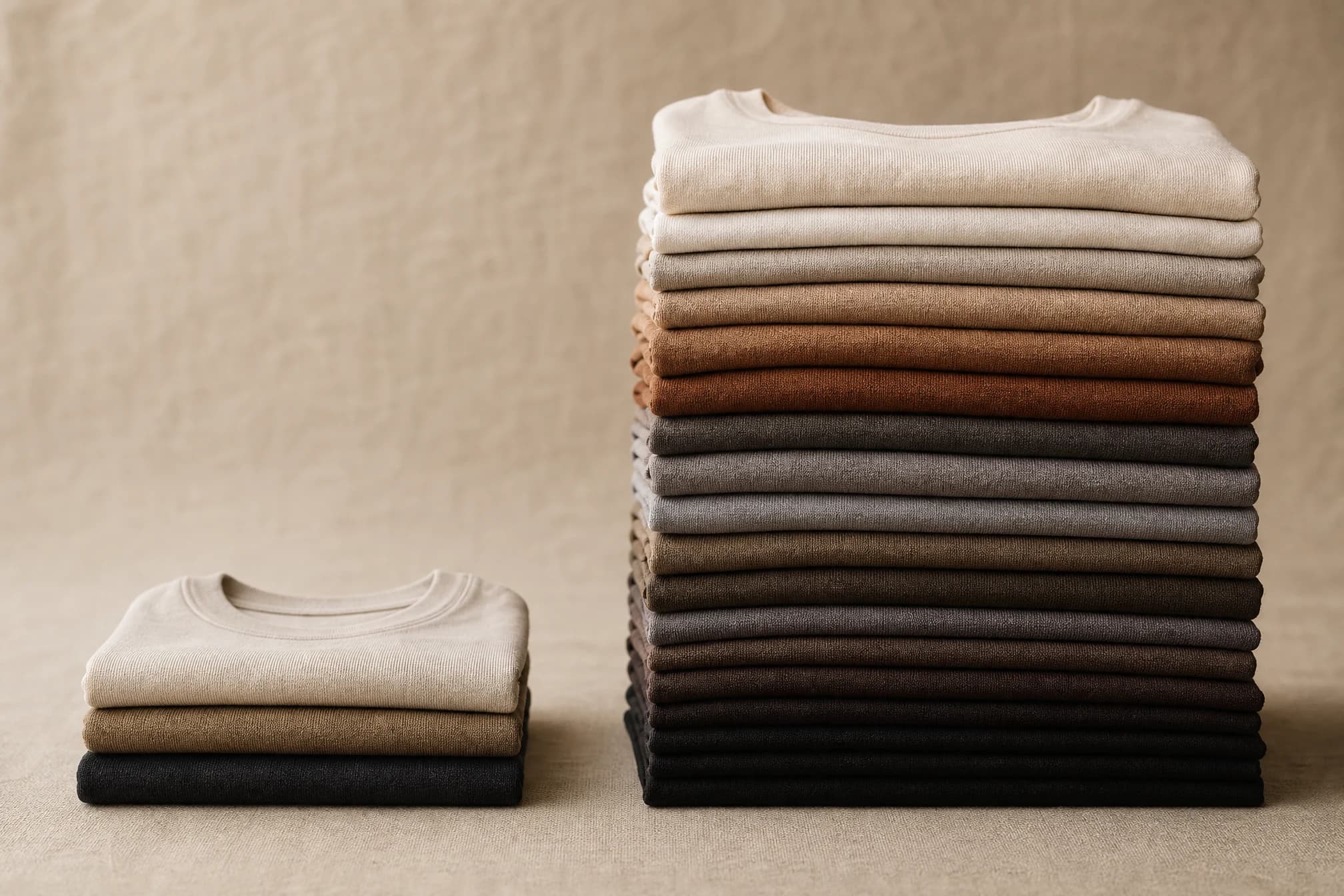 Two contrasting stacks of folded t-shirts, a small stack beside a much larger one, illustrating order quantity