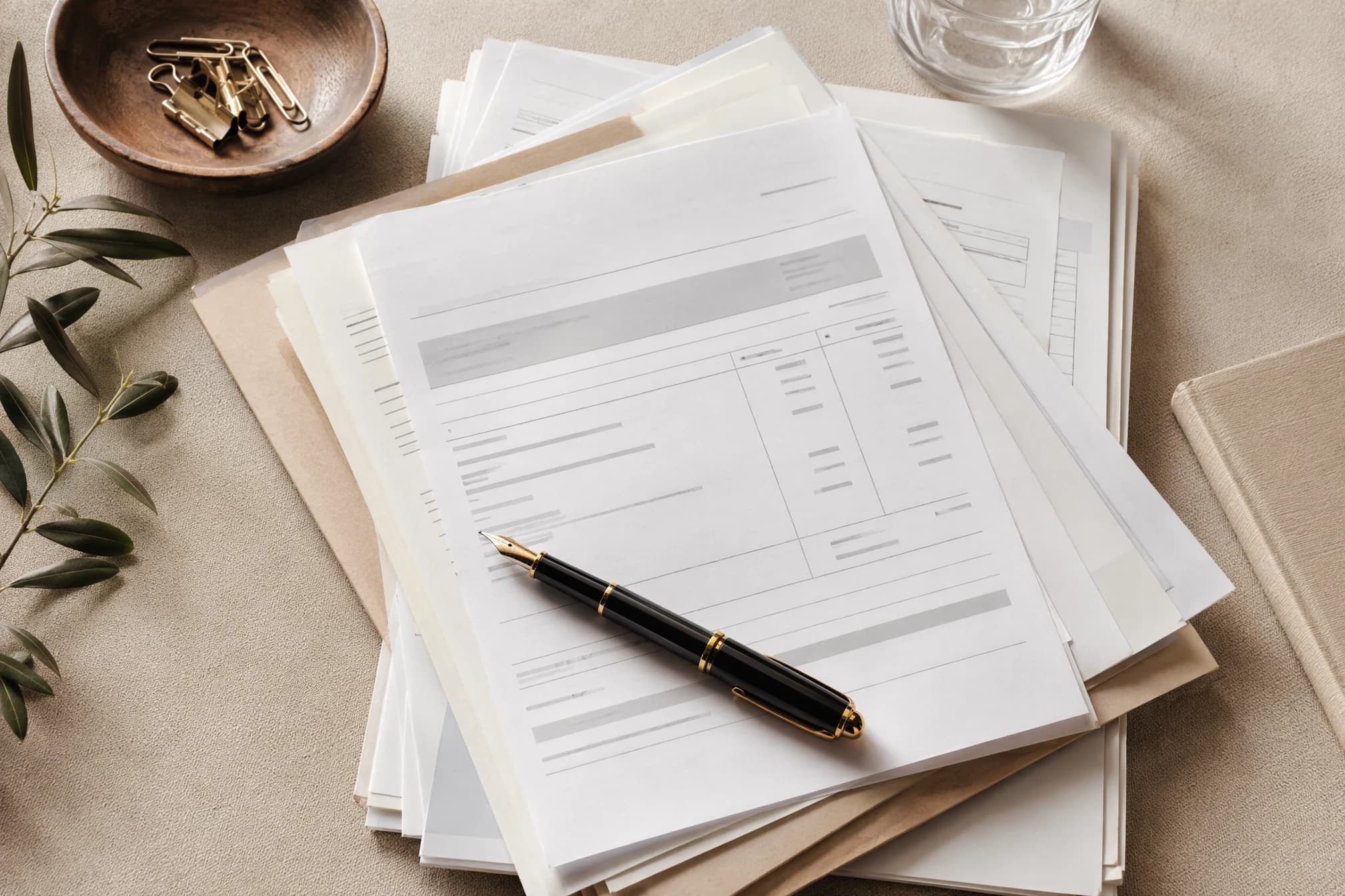 A stack of invoice and payment paperwork with a pen