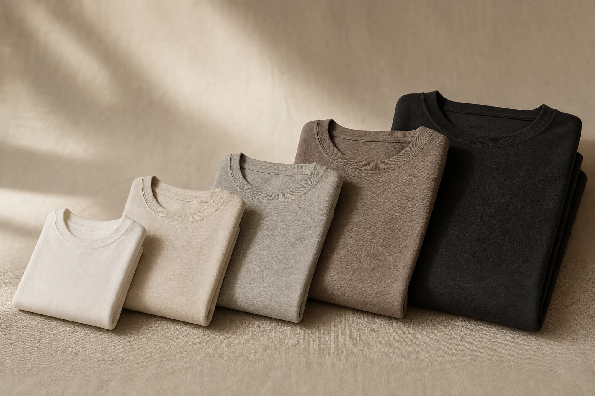 Folded t-shirts arranged in a graduated size run from small to extra-large