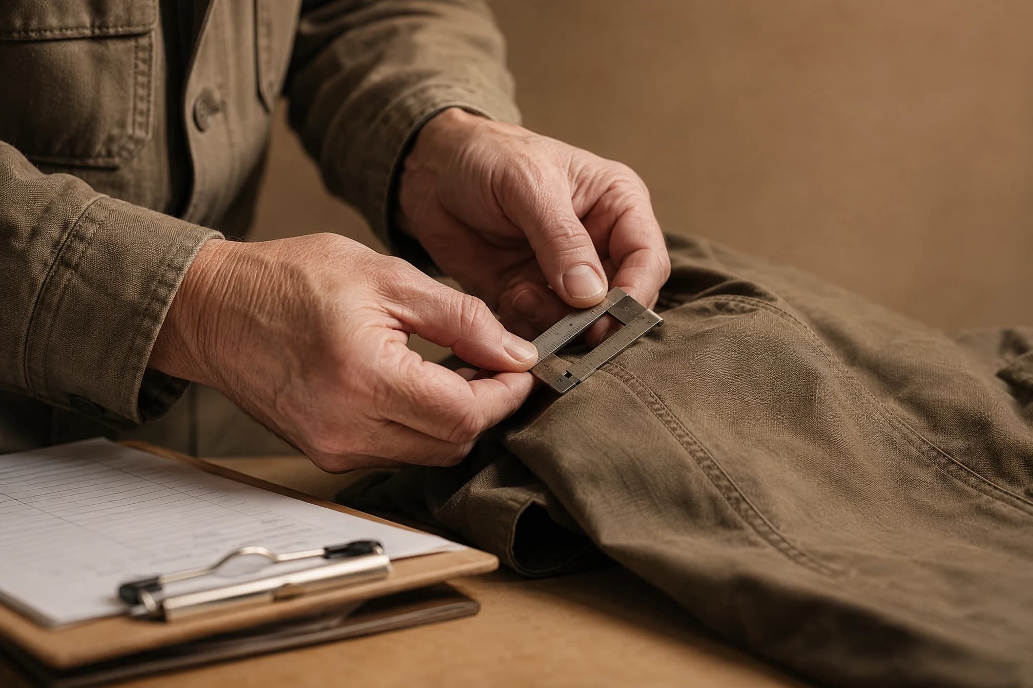 An inspector's hands checking a garment seam with a measuring gauge