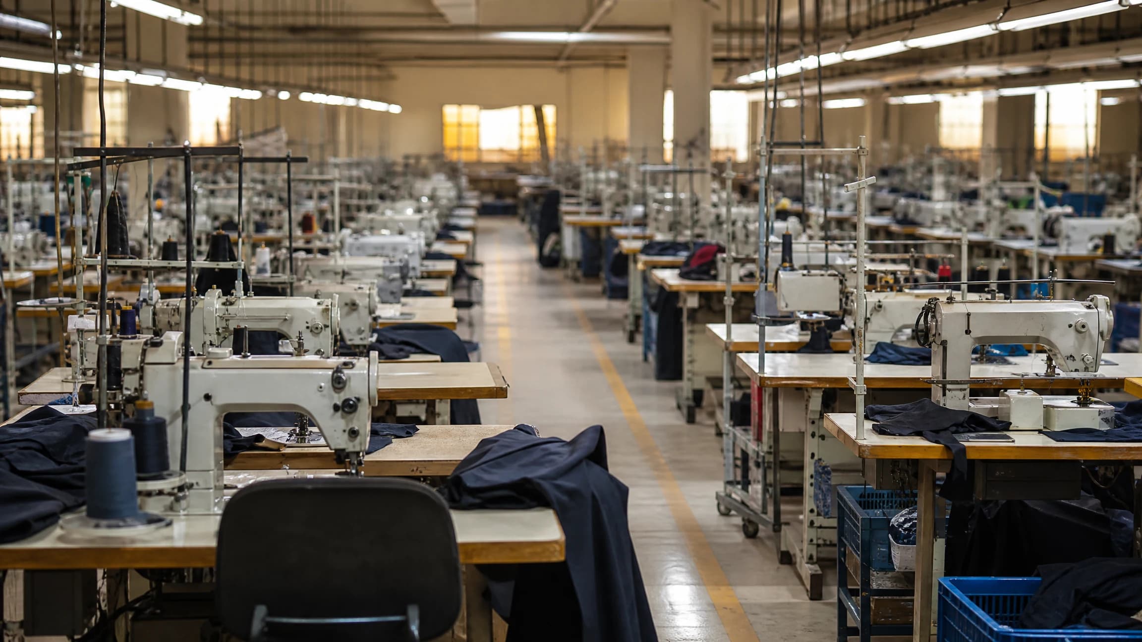 A wide view of a garment factory sewing floor with rows of machines