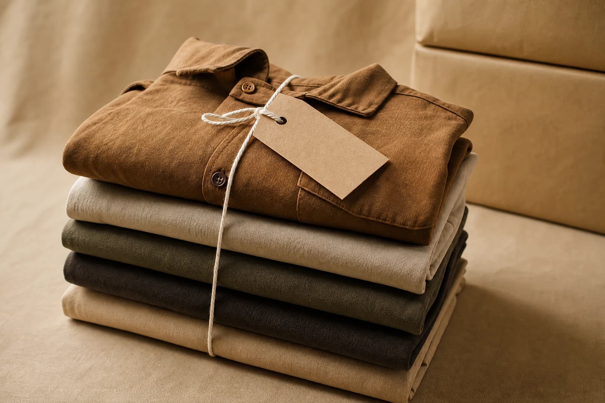 Folded garments stacked ready for export with a shipping tag