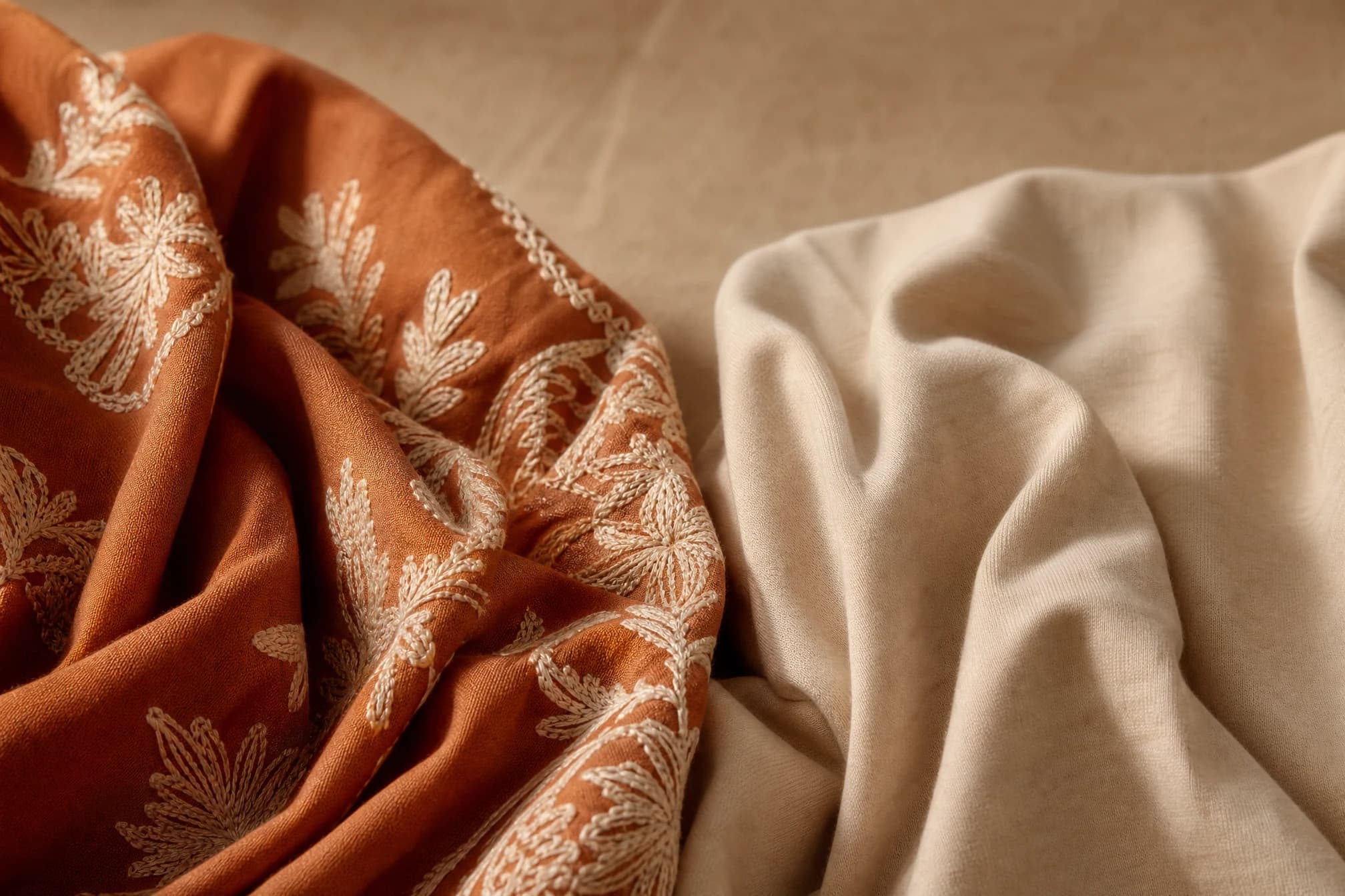 Two contrasting fabrics, embroidered viscose and plain cotton jersey