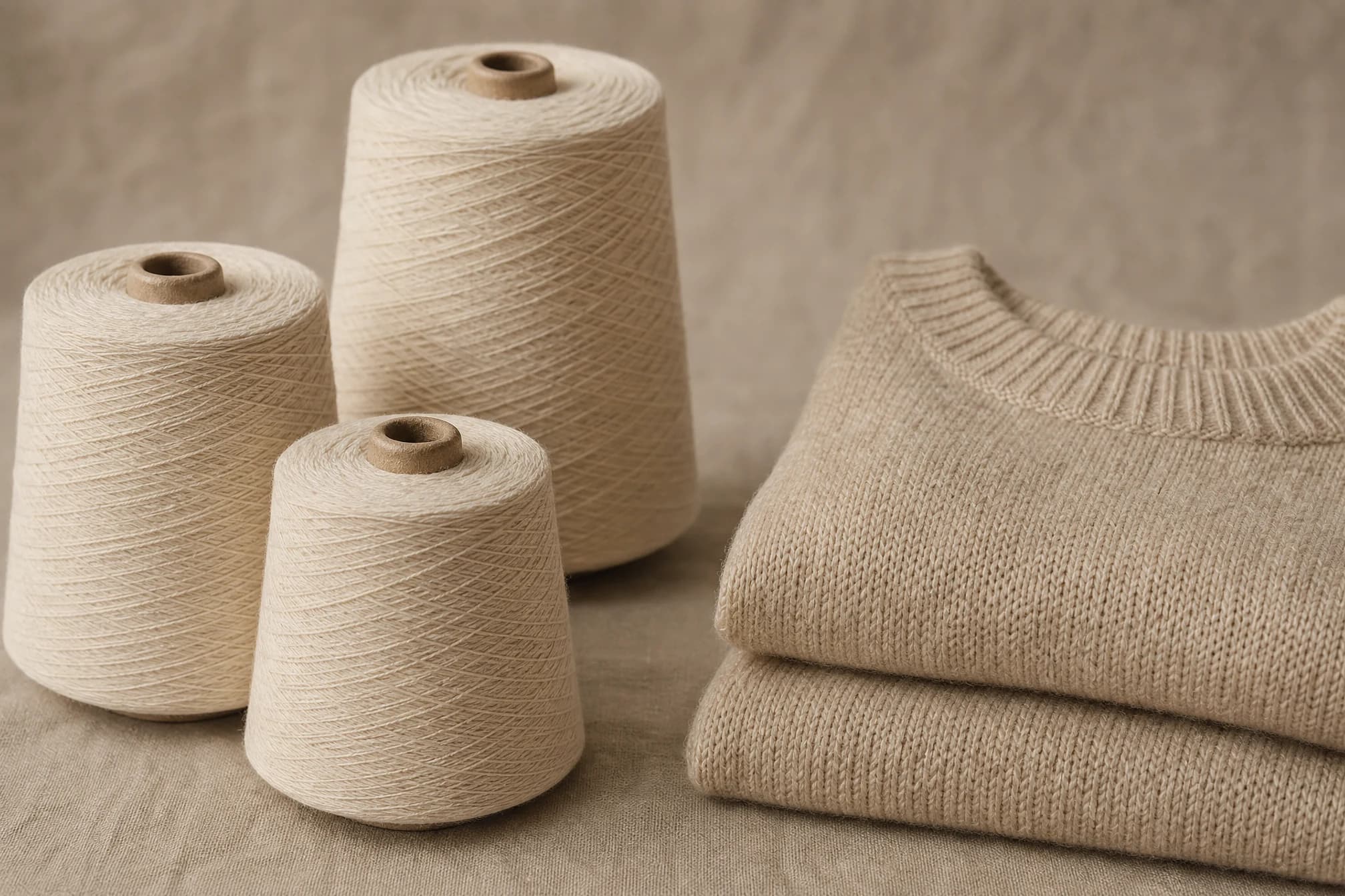 Natural cotton yarn cones beside a finished folded knit garment