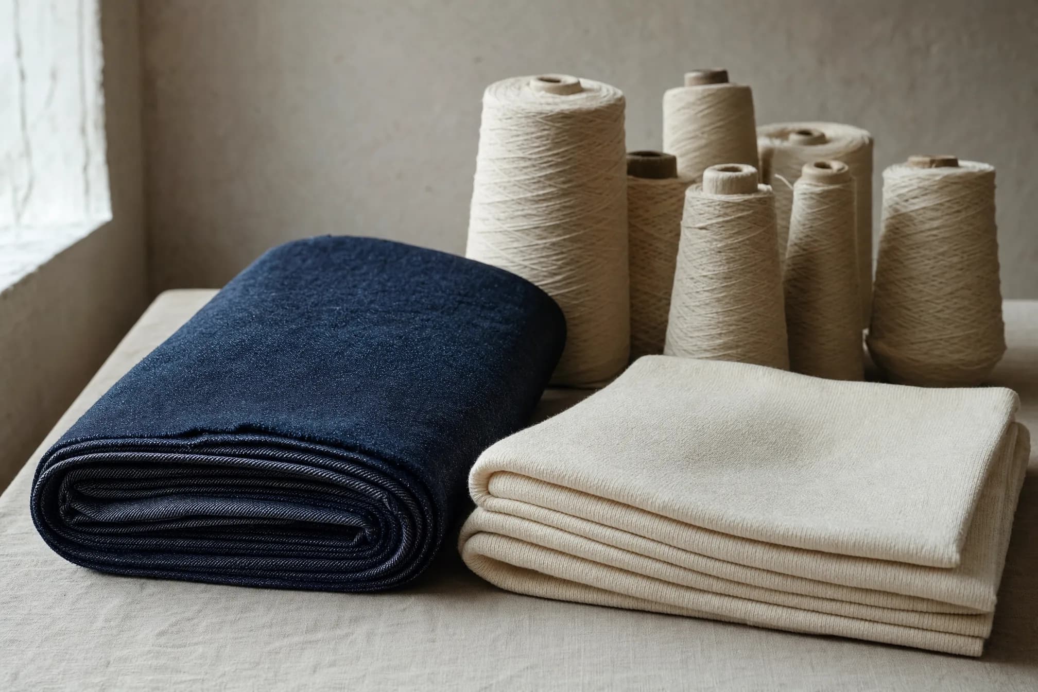 A folded bolt of indigo denim beside folded cream cotton knit, with raw cotton yarn cones behind