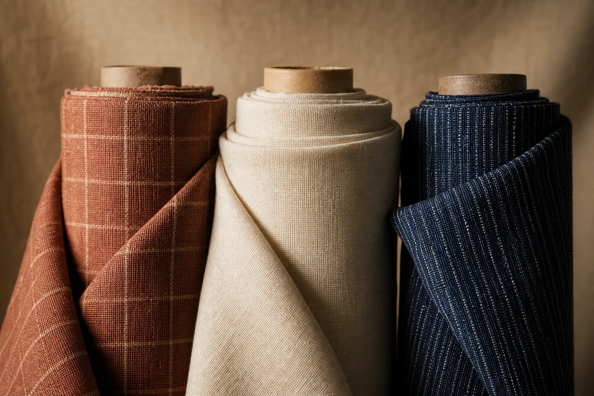 Three distinct fabric bolts arranged side by side
