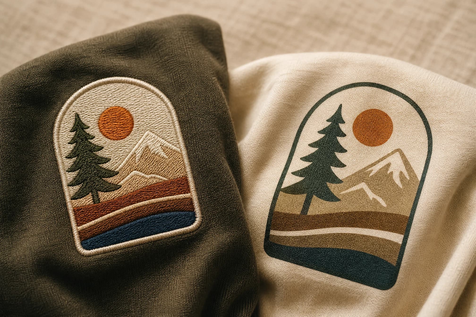 An embroidered patch and a screen-printed design shown side by side