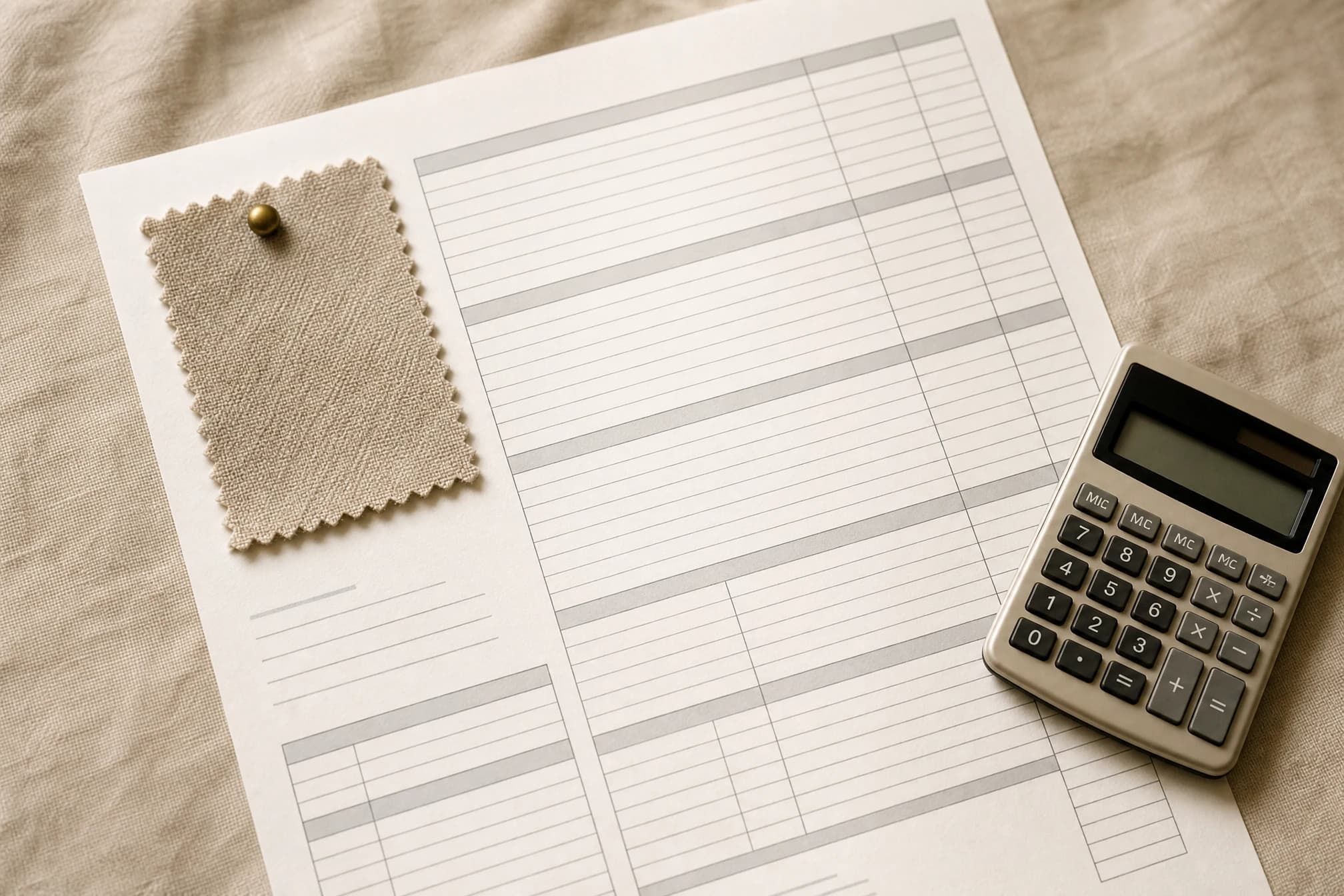 A printed costing sheet with a fabric swatch and calculator