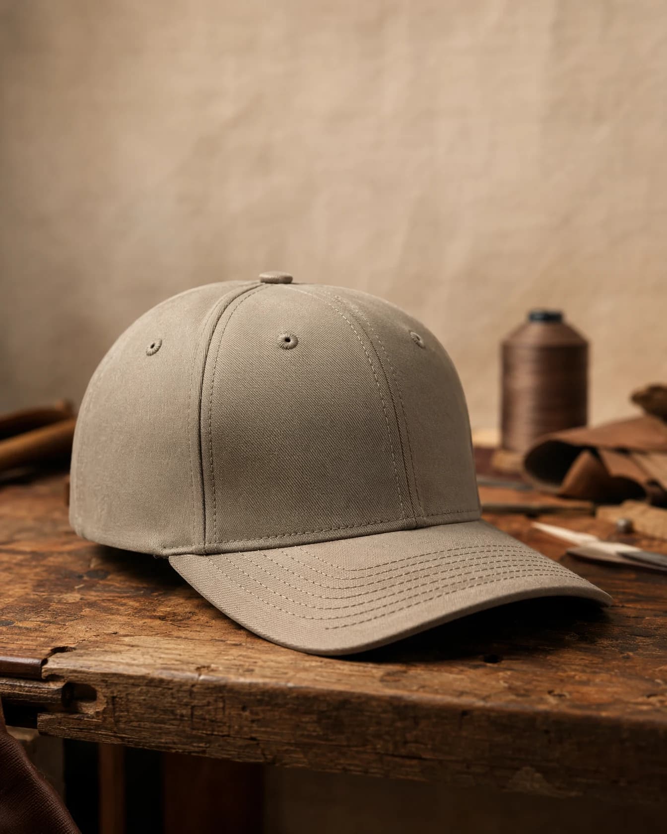 A structured six-panel cap resting on a workbench