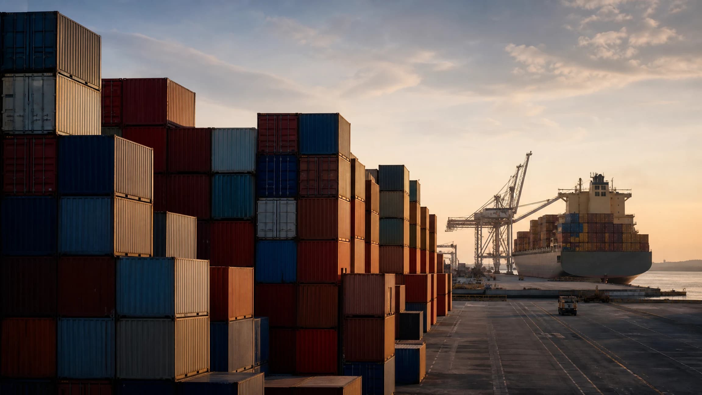 Shipping containers stacked at a dockside port with a cargo ship in the background