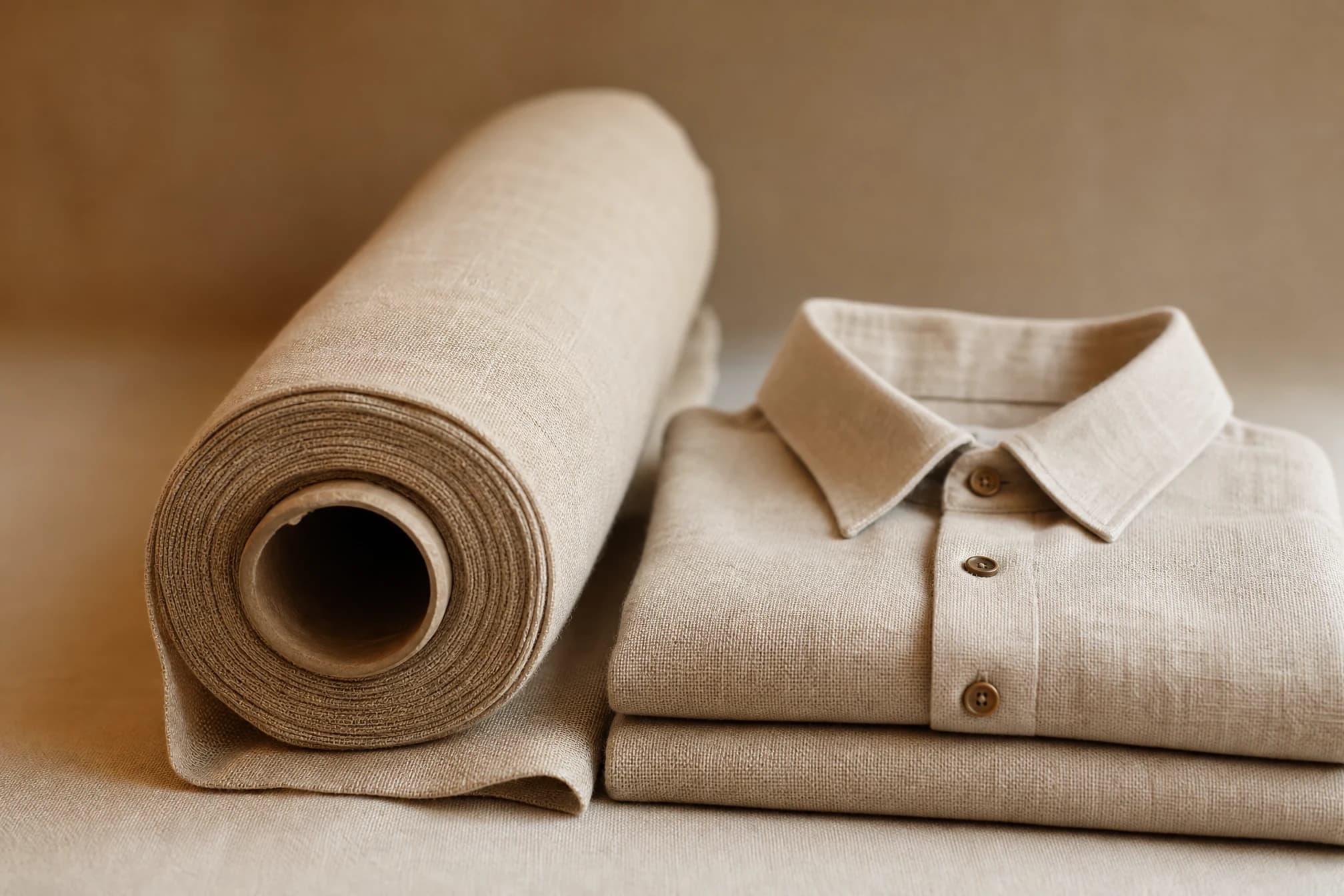 A fabric bolt beside a finished folded garment