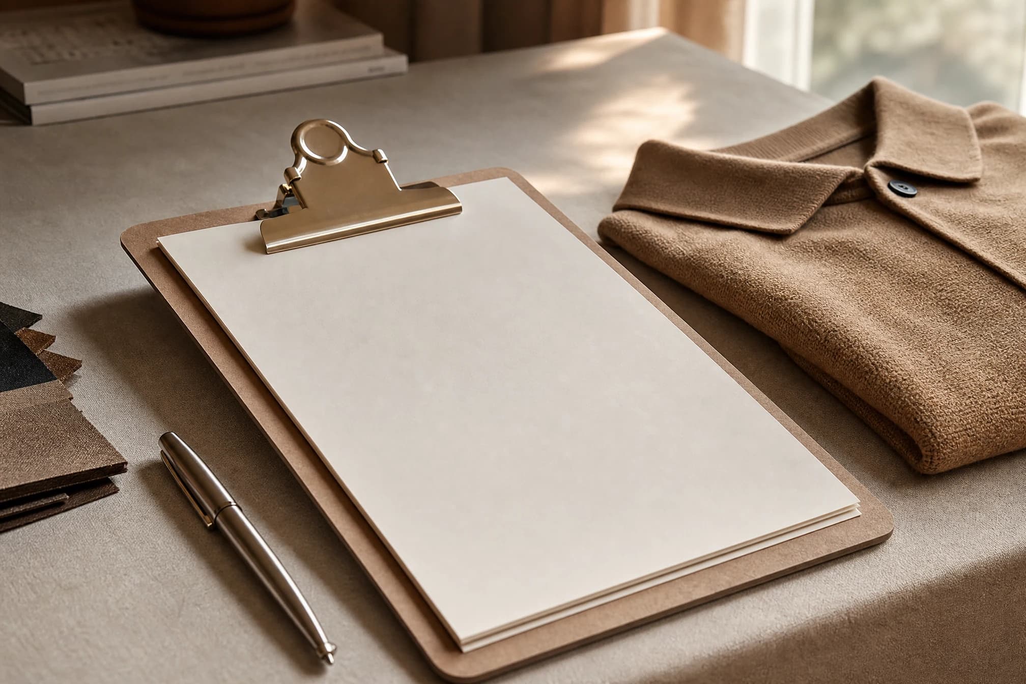 A checklist clipboard resting beside a folded garment sample