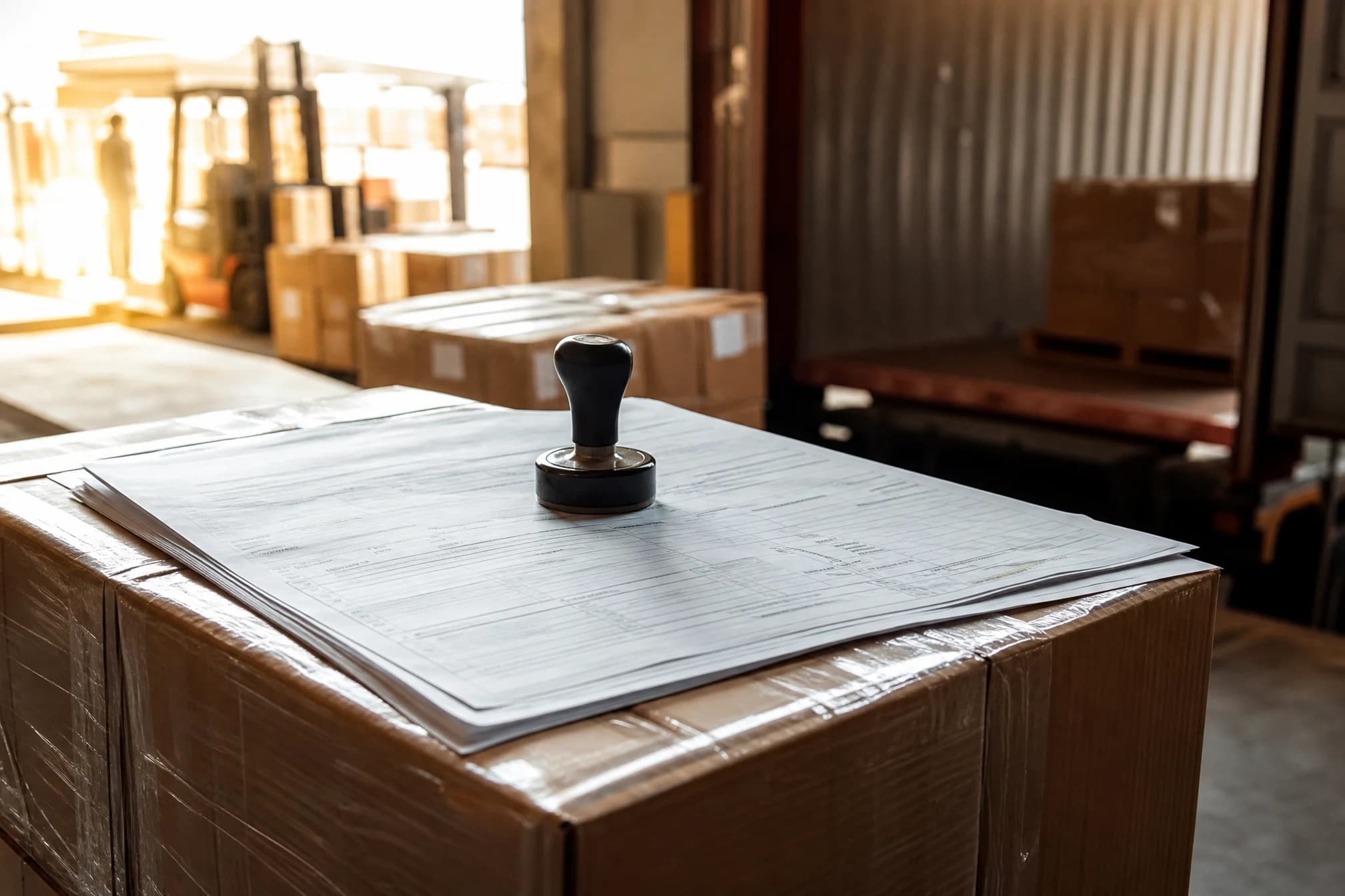 Stacked shipping boxes with customs paperwork in a warehouse dock