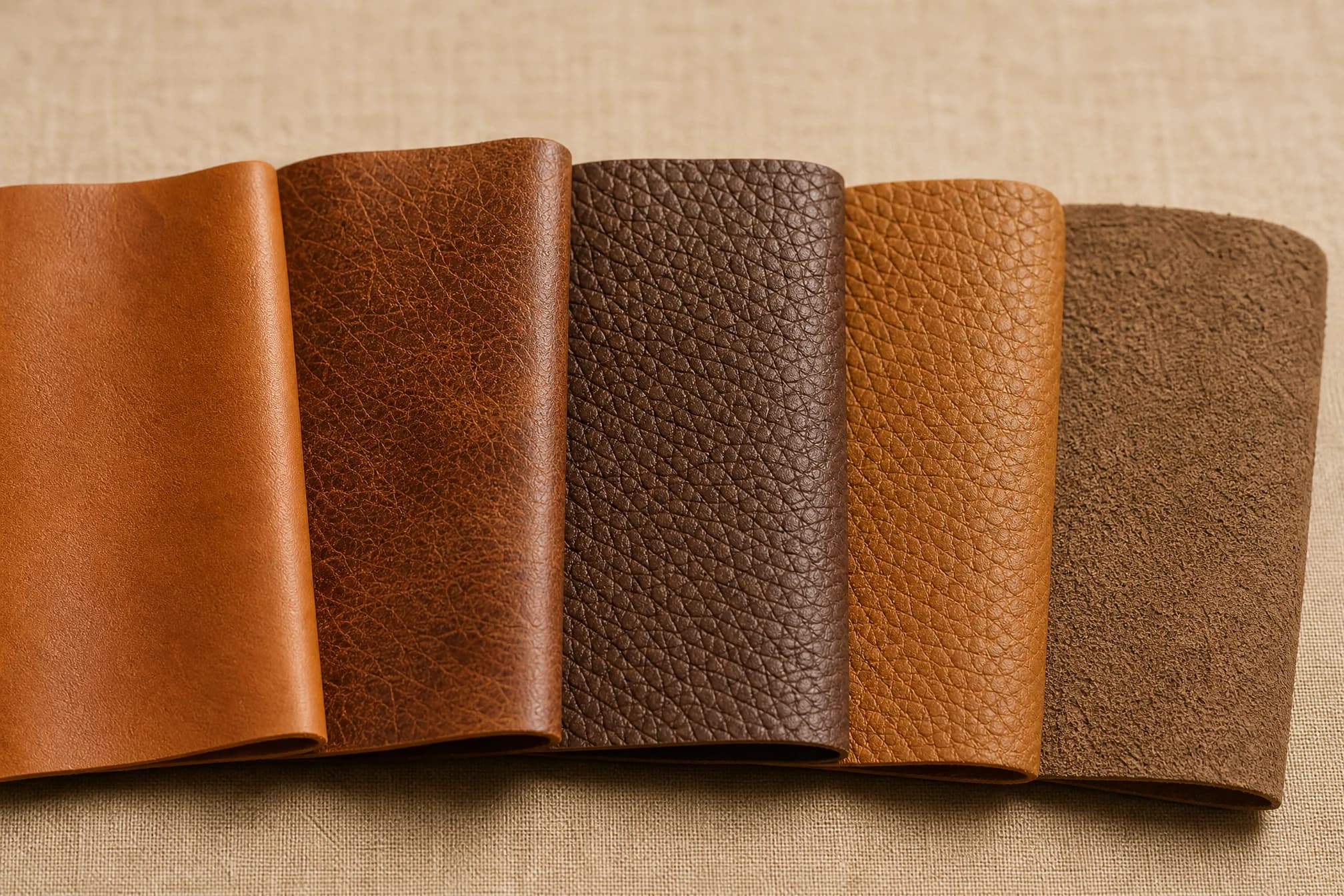 Five leather swatches in a row showing different grain textures