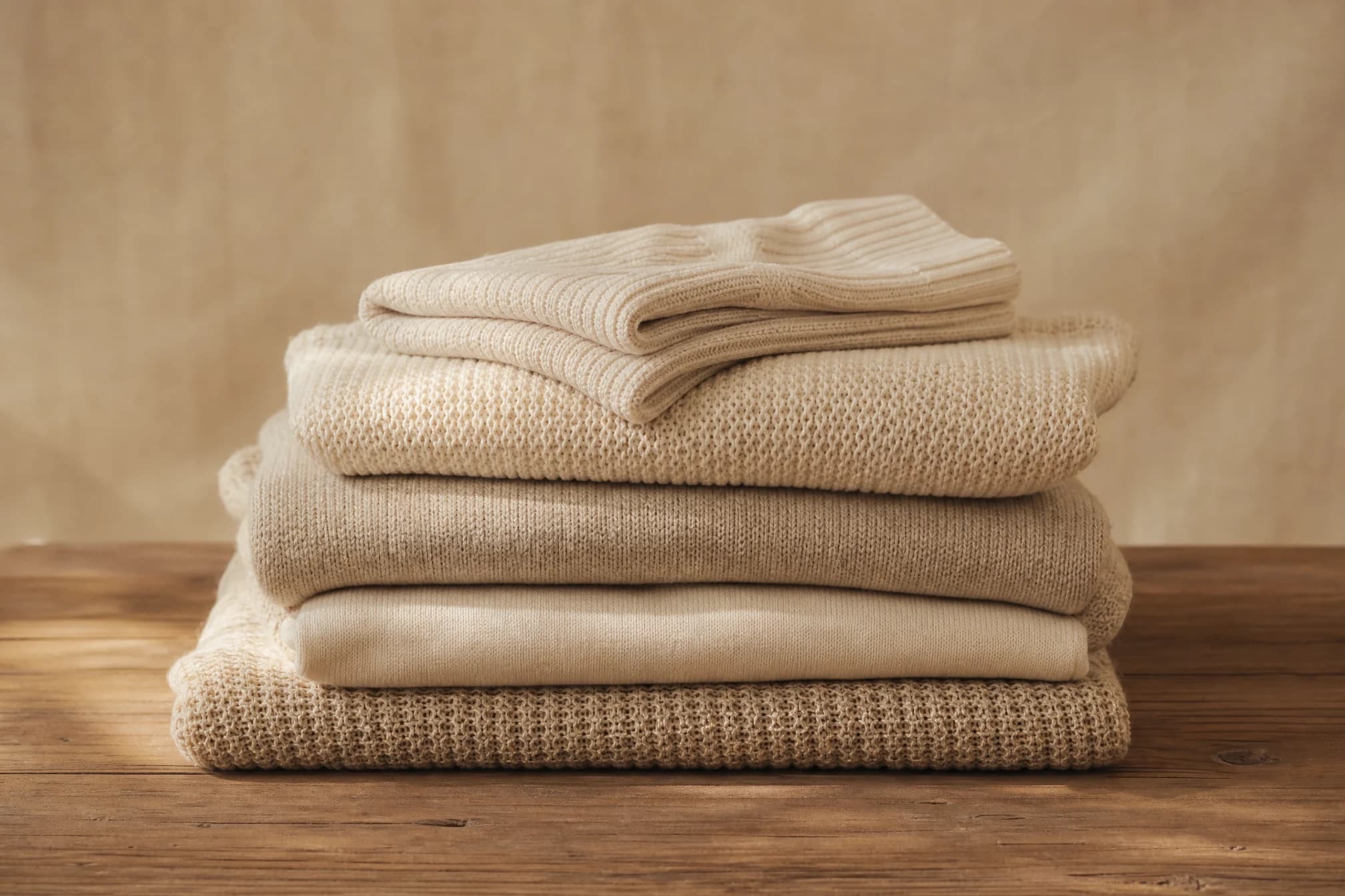 A small batch of folded natural organic knitwear pieces