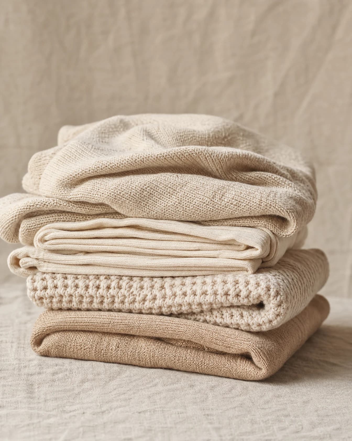 A small neat stack of folded organic knitwear pieces