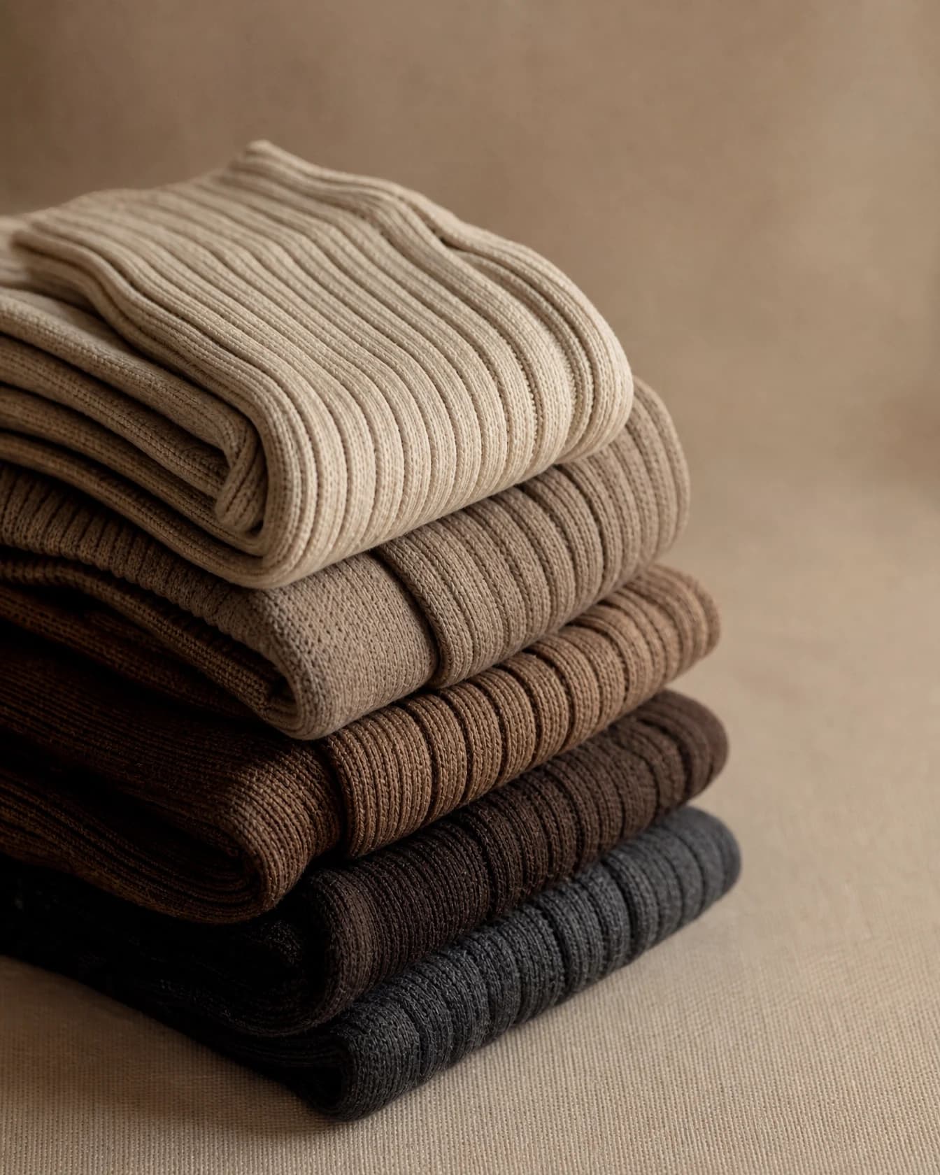 Folded pairs of ribbed cotton socks stacked neatly