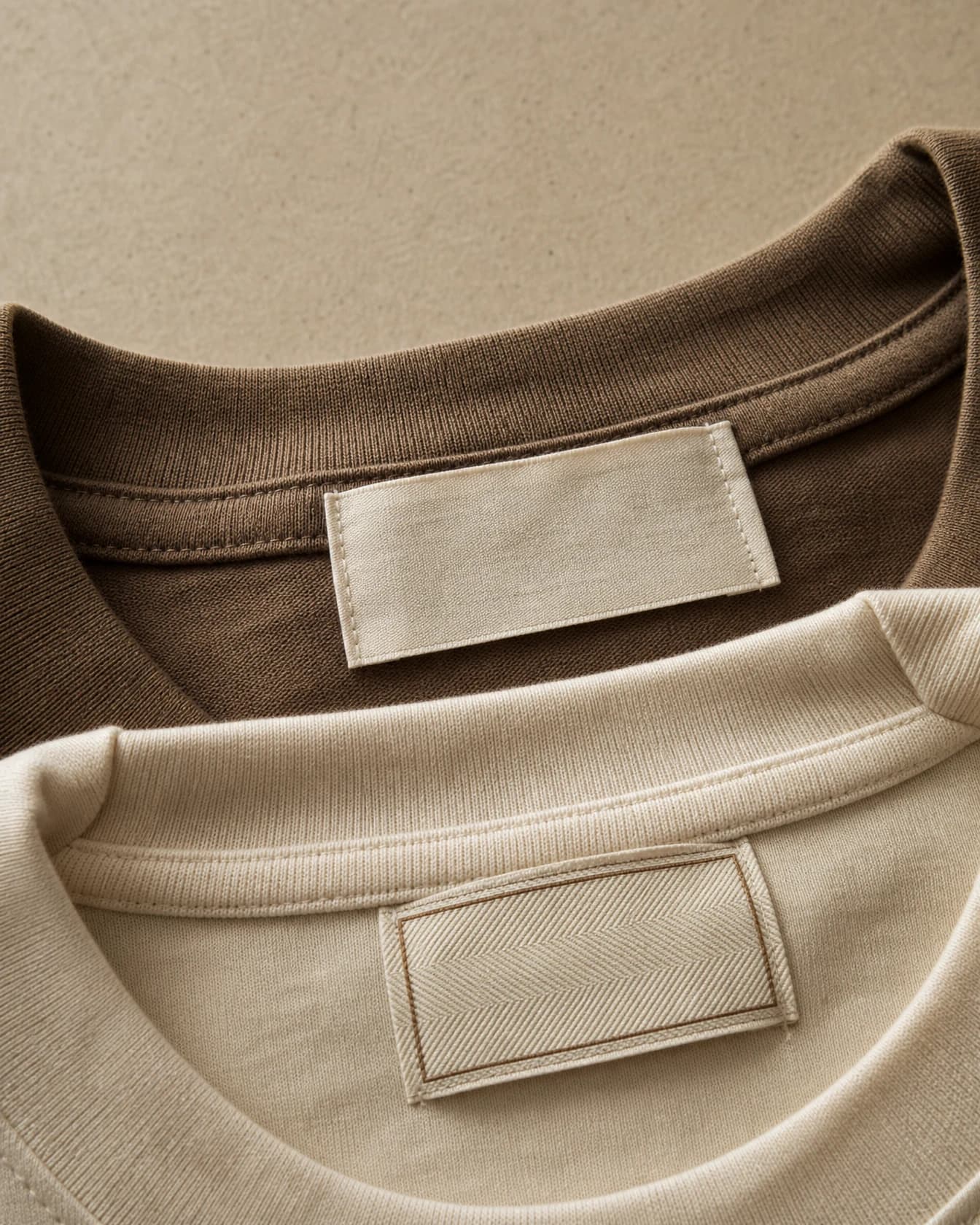 Two garment neck labels side by side, one blank and one branded