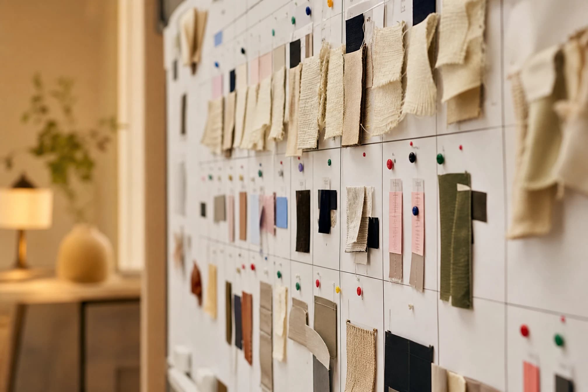 A wall-mounted production planning board with fabric swatches and pins