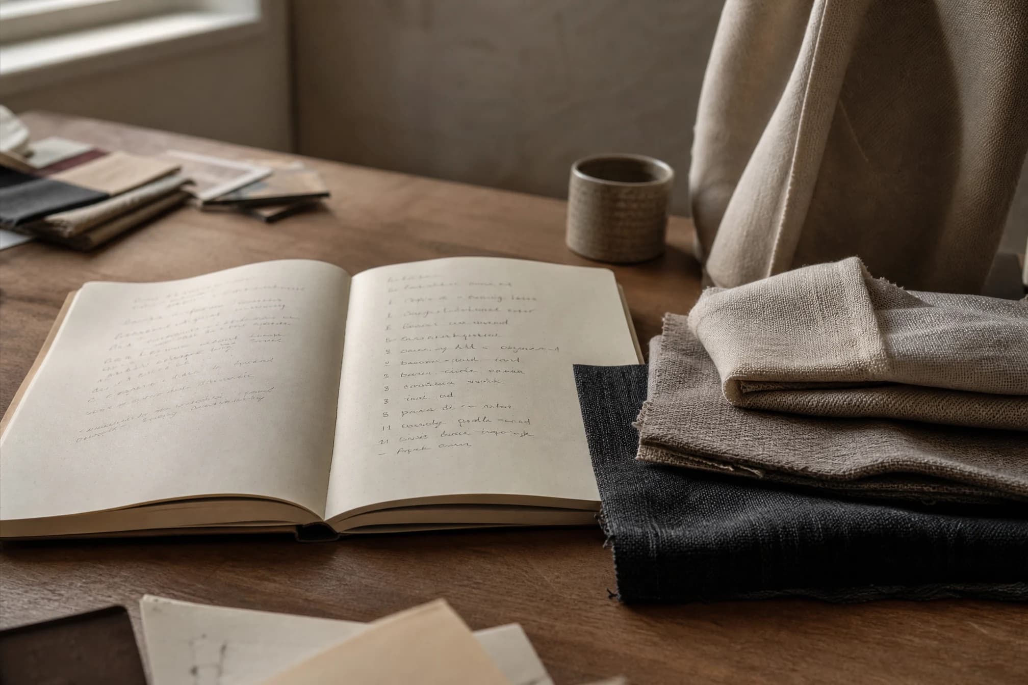 An open notebook with handwritten notes beside folded garment samples