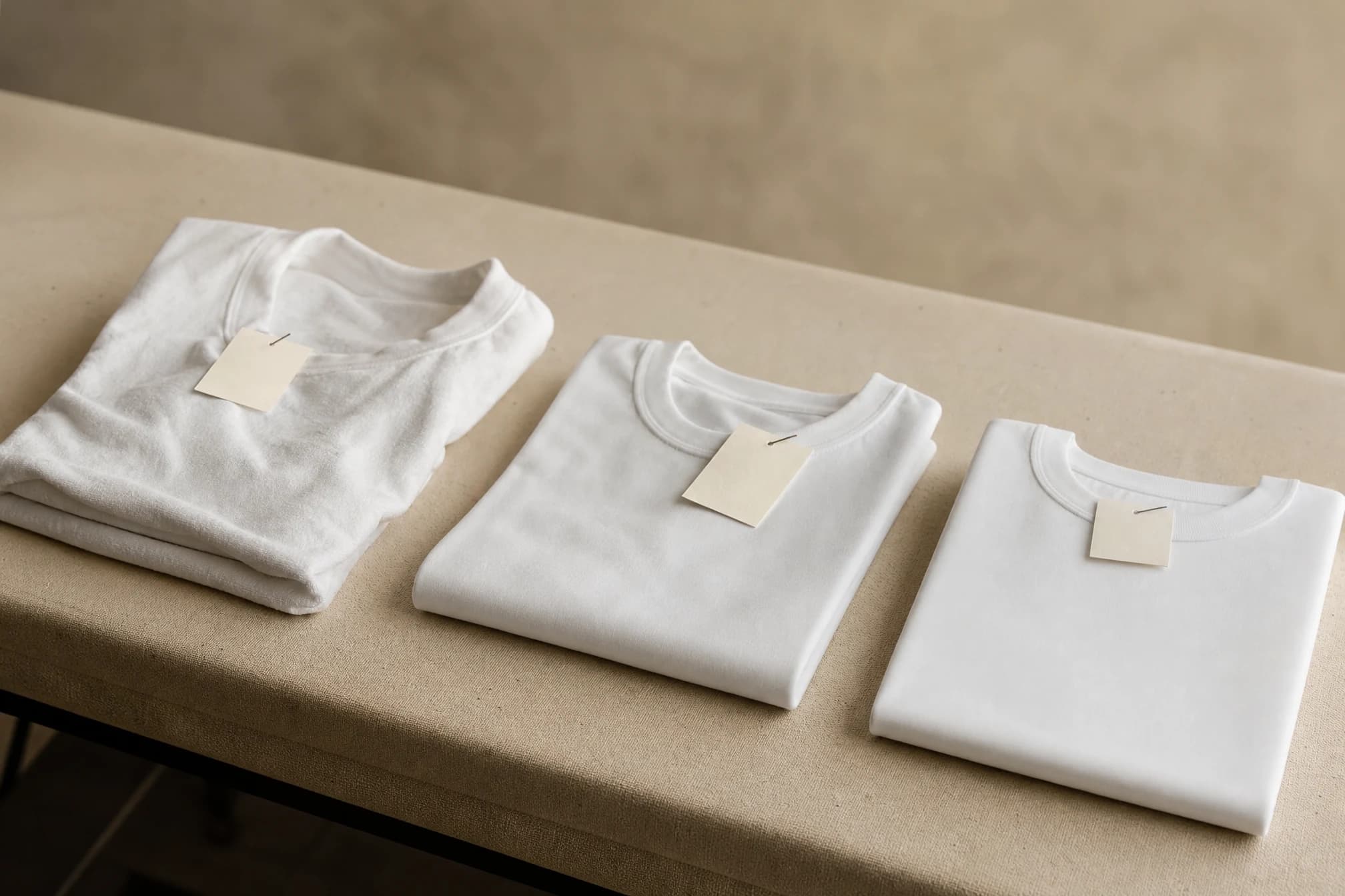 Three garment samples laid out with tags, suggesting sequential production stages