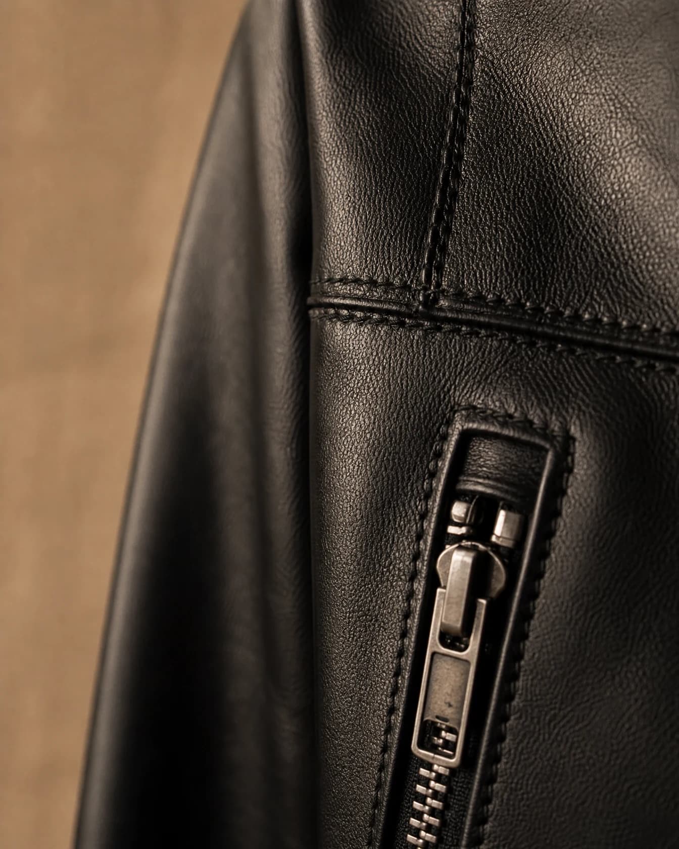 Close-up of a leather jacket's stitched seam and zipper hardware