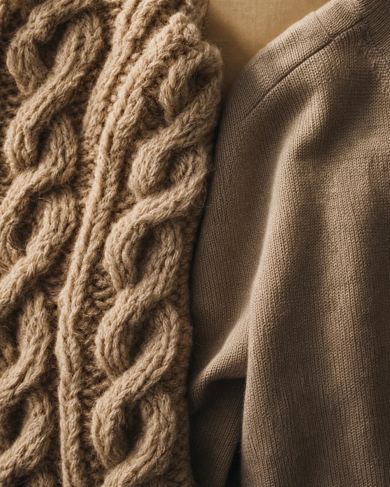 Two contrasting knit textures, chunky low-gauge and fine high-gauge