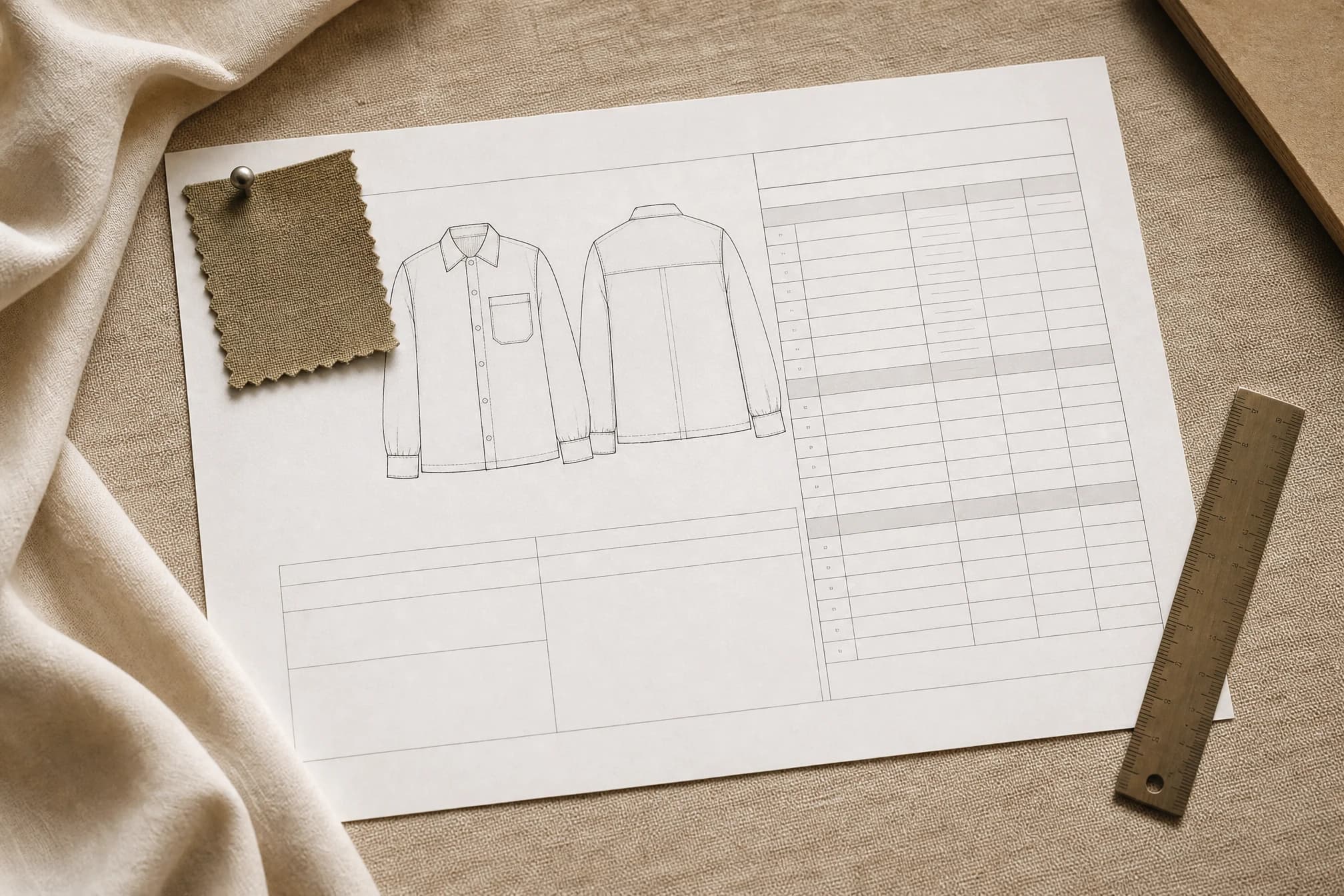 A printed tech pack document with a garment flat sketch and measurement table