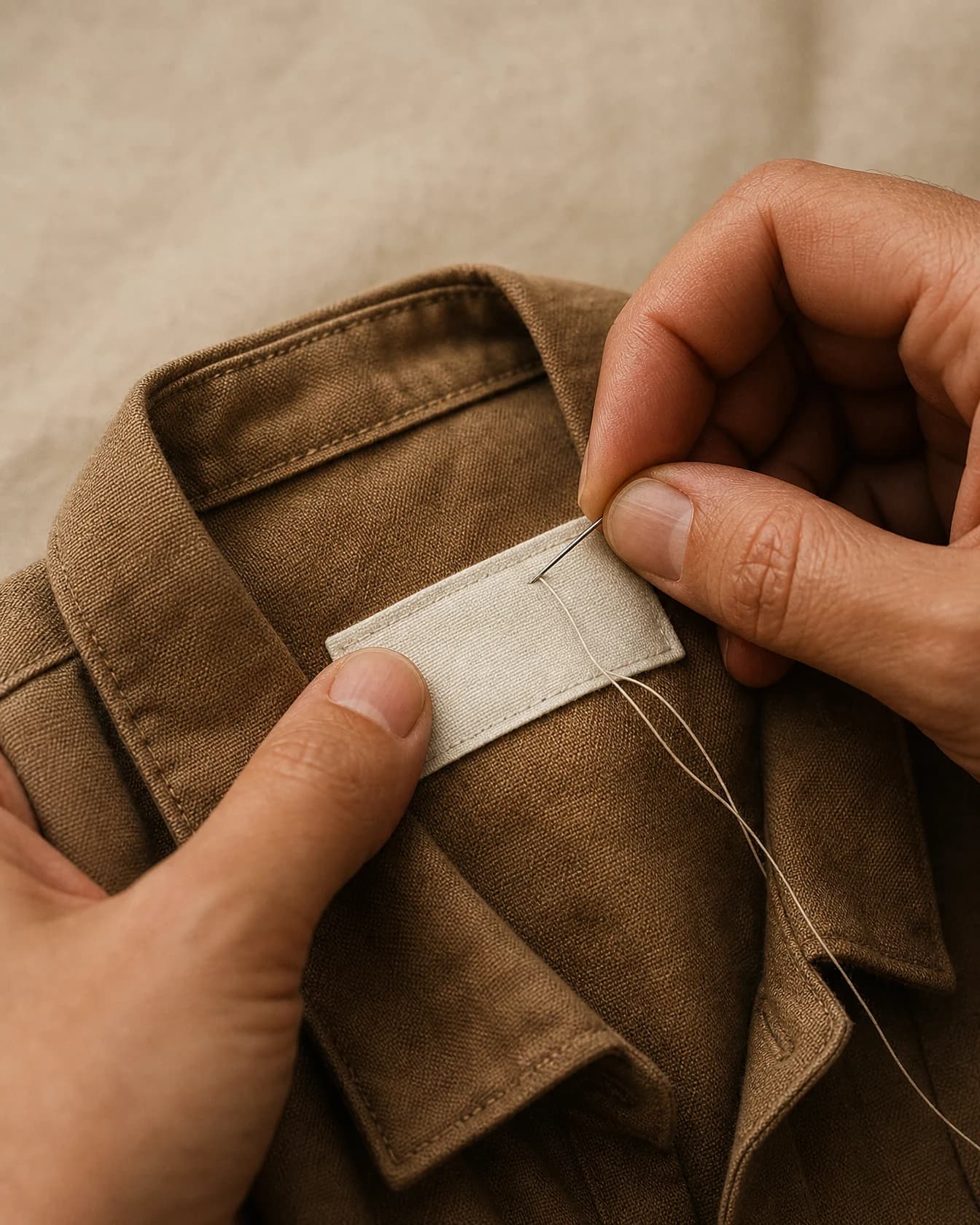 Hands sewing a woven brand label into a garment collar
