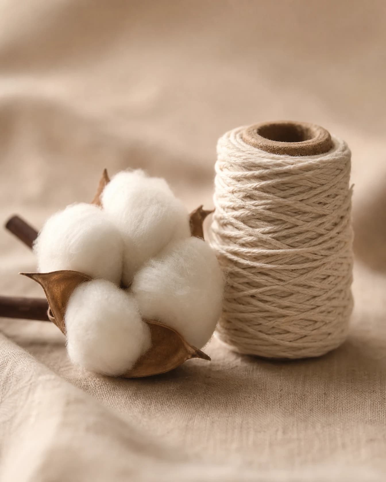 A raw cotton boll beside a spool of undyed organic cotton yarn