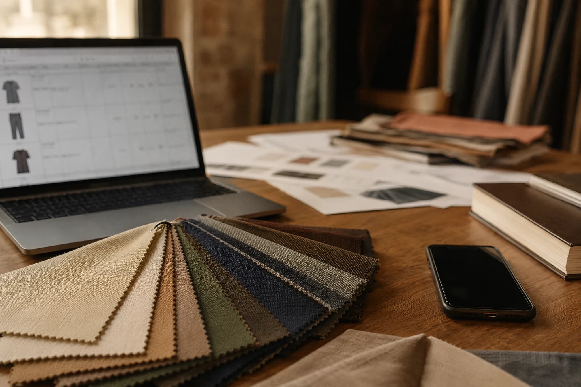 A sourcing office desk with fabric swatches fanned out beside a laptop